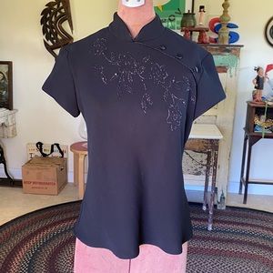 S.L. Fashions Black Oriental Blouse with Floral Beaded Design Size US 4P
